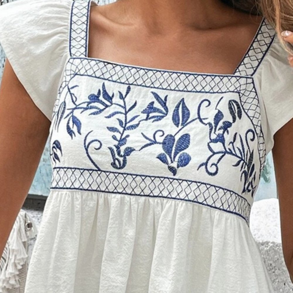 White Boho Womens Floral Embroidery Ruffle Trim Peplum Blouse - Picture 4 of 4